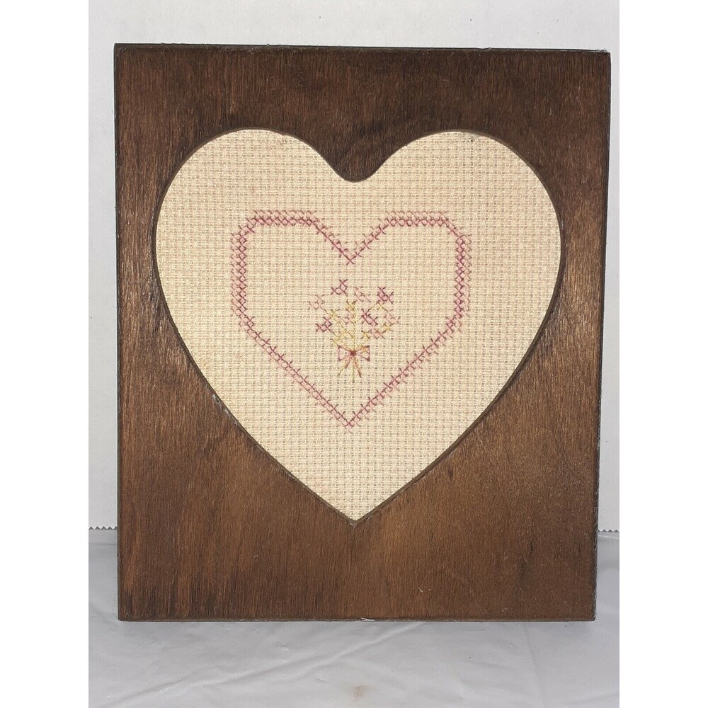 Vtg Handmade Rustic Wood Heart Frame Cross Stitch Heart Boho Country